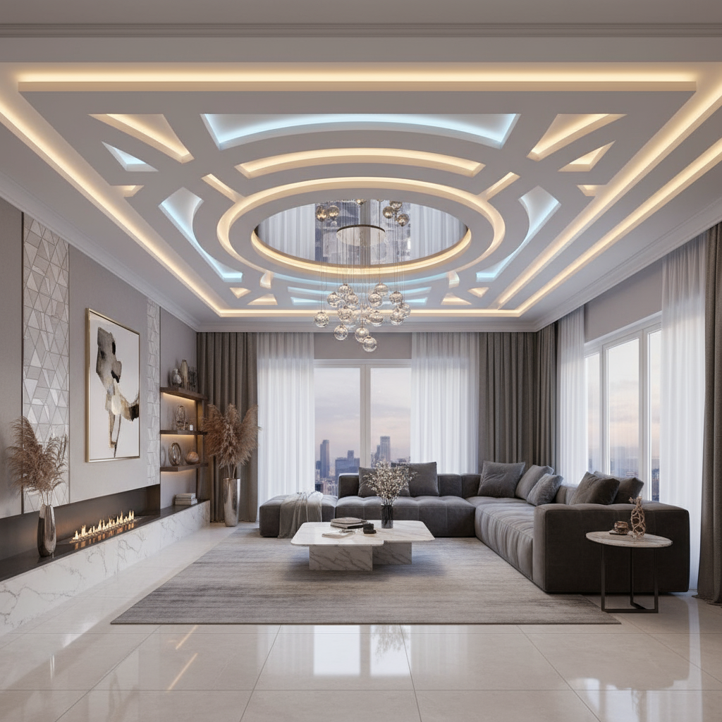 Forro de gesso rebaixado em sala moderna